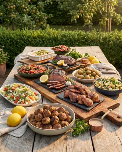 Festbord med buffet, set lidt fra oven